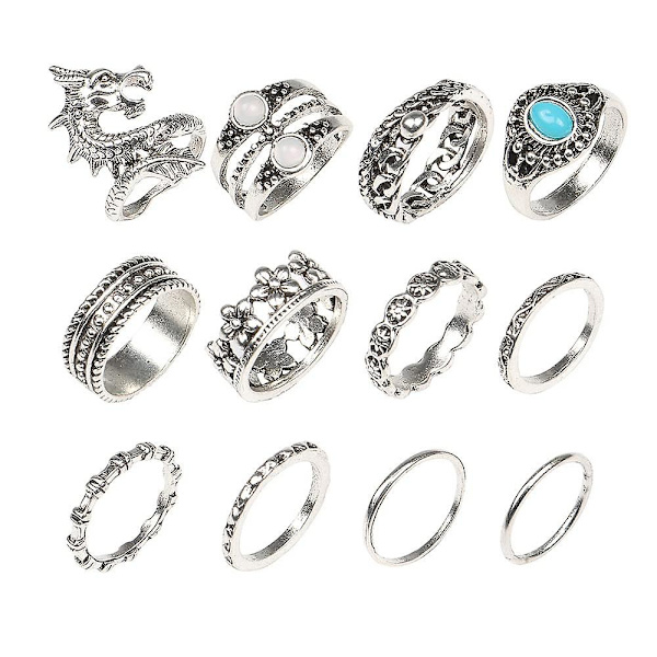 12 st Punk Djurringar Set Drakering För Kvinnor Män Silver Kristallringar Gotiska Stackbara Ringar Fesvital Smycken Halloweenfest Julgåva