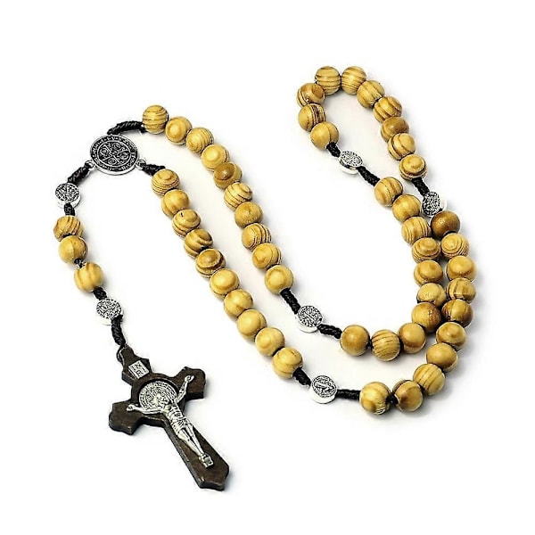 10MM Träpärlor Rosenkrans Kors Halsband För Kvinnor Män Kristen Jungfru Maria INRI Hänge Kedja Mode Religion Smycken Straggle Steipos