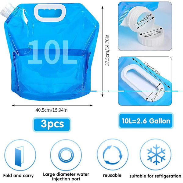 3-pack hopfällbar vattenbehållare, 10L utomhus hopfällbar vattenpåse bilvattenbärare behållare för sport camping vandring picknick BBQ