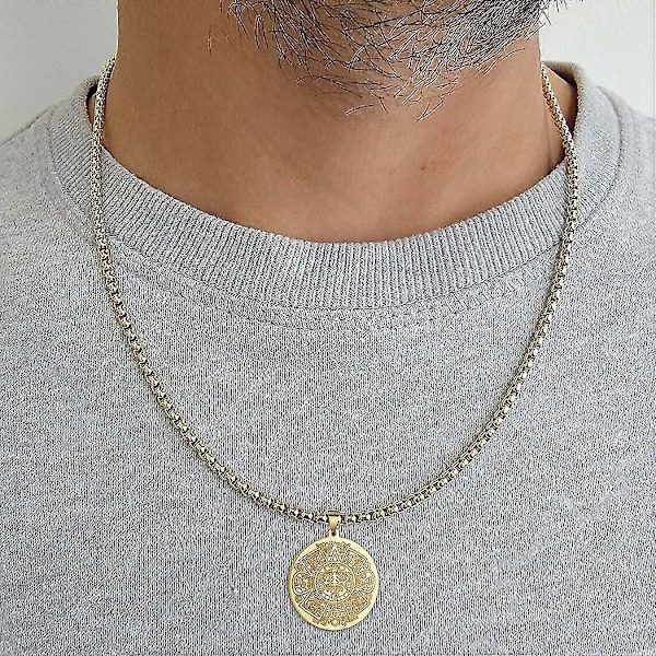Aztekisk Maya Kalender Hängsmycke Halsband För Män Pojkar Rostfritt Stål Amuletter Rund Mynt Charmstål Hip Hop Kedjor För Män