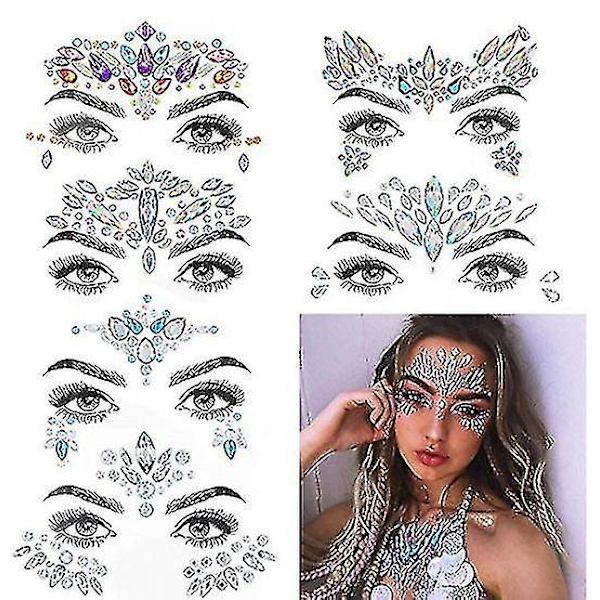6 Set Ansiktsjuveler Stenar Dekaler Strass Sjöjungfru Ansiktsjuveler