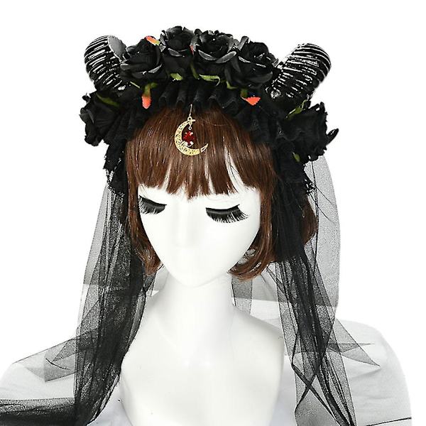 Halloween Lolita Cosplay Pandebånd Fårhorn Sort Rose Blomst Krans Hårbånd Langt Mesh Slør Måne Vedhæng Hovedbeklædning