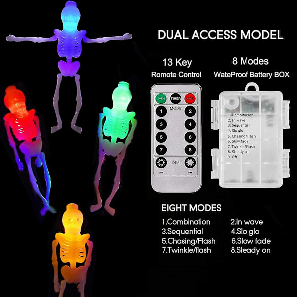 Halloween-skjelett-skalle-lyslenke - 9,8 fot/3 m 20 LED-er Skjelett 8 Moduser Vanntette Batteridrevne Lyslenker Med Fjernkontroll For Dekorasjon