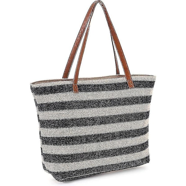 Stor Strandveske Straw Tote Bag Glidelås Skulderveske Kvinners Bohemian Sommerstrandveske Håndveske For Piknik Trening Shopping