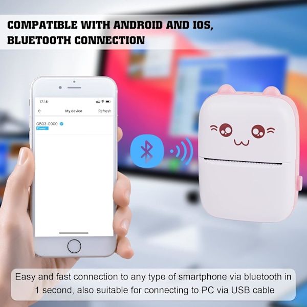 Mini termisk skriver, Bluetooth etikettskriver, bærbar etikettskriver, kompatibel med Android og iOS (med 5 ruller papir + 5 fargeblyanter)