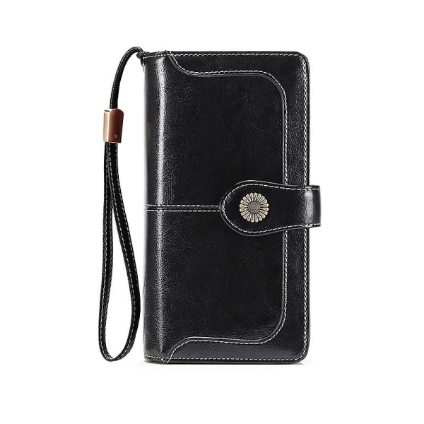 Läderplånbok för damer med stor kapacitet Bifold Card-plånbok Kvinnor blixtlåsficka Svart