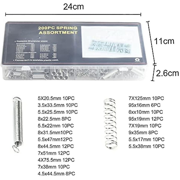 200 st Tension Springs Extension Assortment Rostfritt Stål Extension Tension Compression Springs Assorterat Fjäderset Med Förvaringsväska