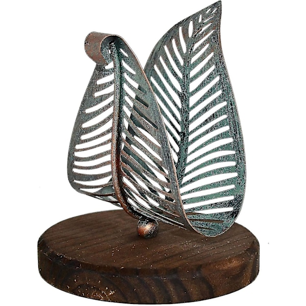 Freestanding Modern Napkin Holder Golden Turquoise Metal Leaf Brown Wooden Base Design, Tabletop Tissue Dispenser, Napkin Storage Organizer