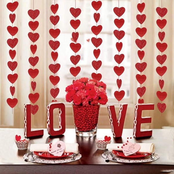 Valentinsdagspynt,valentinsdagsbannere,rød Glitterhjerteguirlande til Valentinsdag Hængende snoreguirlande til Valentinsdagspynt,