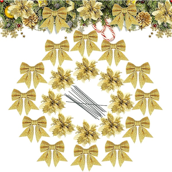 24-delad julgransdekorationssats med glitter, konstgjorda blommor, glitter-julstjärnor, rosetter med stjälkar och blad för jul- och bröllopsfest