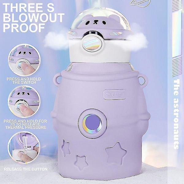 Ny Termosflaske Bærbar Astronaut Vannflaske For Barn Rustfritt Stål Dobbelvegget Tumbler Vannbeger Med Sugerør 500ml (Lilla)