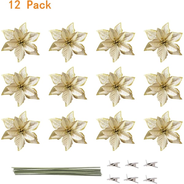 Julklappsprydnader Rea 12-pack Guld Julglitter Julstjärna Konstgjorda Blommor Julgranspynt