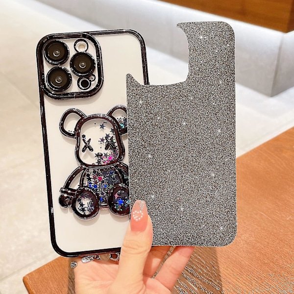 Elektropläterad iPhone 14 Pro Max-fodral för kvinnor Lyxigt flytande fodral med inbyggt kameraskydd Klar glittrande björn Smalt stötsäkert