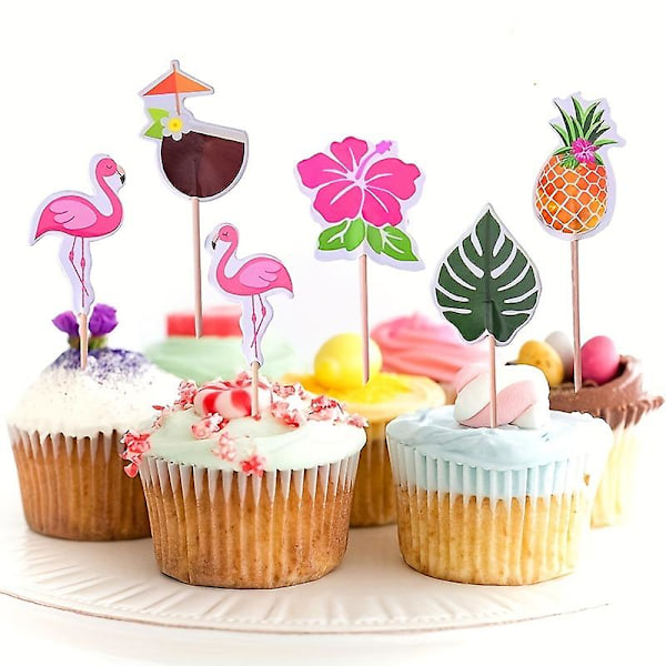 24-dels Tropisk Tårta Dekorationssats Hawaii-Stil Tandpetare & Flamingo Ananas Tårta Taggar & Flaggor Dessertbord Klä Upp Tillbehör Tårta Dekoration Tillbehör