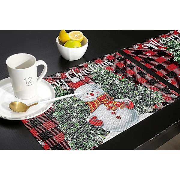 Julemand Snemænd Bordskånere til Spisebord Sæt af 4 Glædelig Jul Sød Snemænd med Juletræ Rød og Sort Buffalo Plaid Bomuld Linned Bordskånere