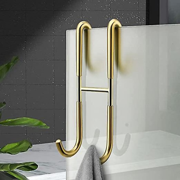 Set med 2 duschdörrkrokar i rostfritt stål för badrum, över den ramlösa glasduschdörren krok för handdukar och rakhållare (guld)