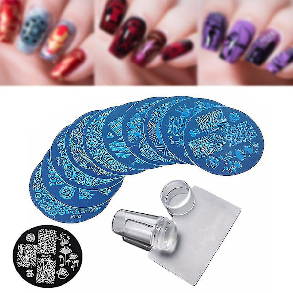 10 stk. Stemplingsplader + Klar Silikon Stamper + Skraber Neglekunst Billede Stemplingsværktøj Manicure Skabelon