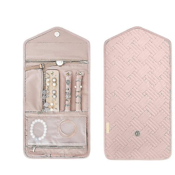 Reseförvaringsväska för smycken, Vikbar smyckesväska för resor, Mjukt läderfodral för örhängen, halsband, ringar (rosa)