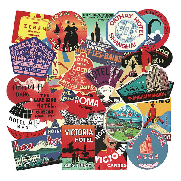 Vintage Hotellklistermärke Pack 56st Vintage Resväskor Klistermärken Vinyldekaler för Resväska Laptop Bil Bagage