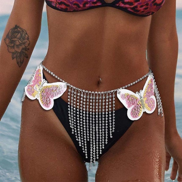 Dusk Krystall Midjekjede Sølv Butterfly Rhinestone Belly Chains Beach Summer Body for kvinner og jenter