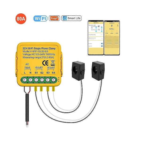 Tuya WiFi Effektmätare Monitor 2 Kanaler Realtids Energi Strömövervakning, Automatisering Notifikationer Smart Life Fjärrkontroll