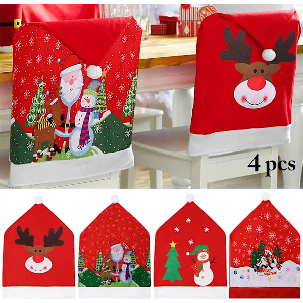 Julstolsöverdrag - Set med 4 Tomte-Stolsöverdrag för Juldekoration Middagsfest