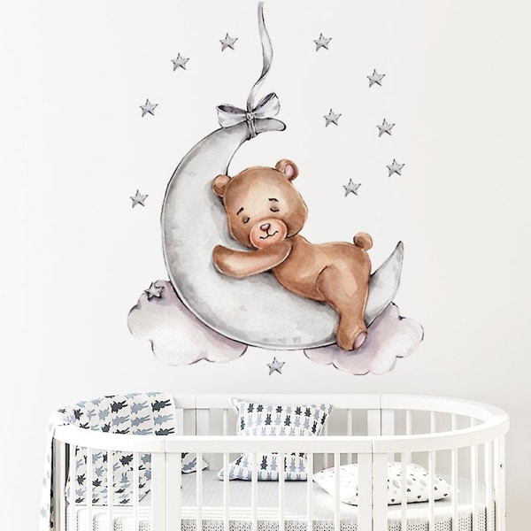 Teddy Bear Sleeping on the Moon and Stars Barn Väggdekal Baby Room Inredning Väggdekor