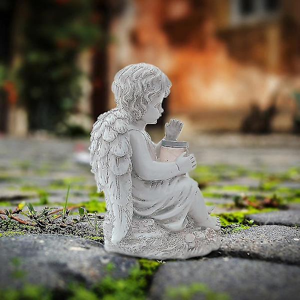 Havefigur til Haven Solcelledrevet Engel Dekorationer Statuer - Drengens Beskytterengel Solcellelys Figur, Mindesmærkegaver Harpiks Skulptur Udendørs Dekoration Til Hjemmet