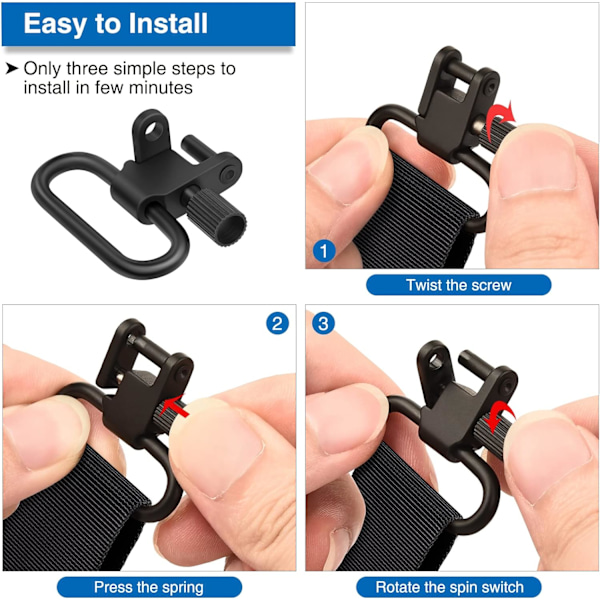 2,5 - 3,2 cm reimfeste svingledd, hurtig feste/opplåsing av slyngvirvel, rifleslyngeklips med robust tri-lås, 1/2 stk