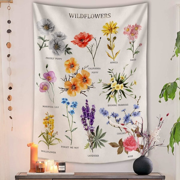 Vilde blomster Lodret Vægtæppe Vægophæng, Illustrativt Referencekort Vægtæppe Med Word, Beige Hvid Vintage Tarot Flag Lige Vægtæppe 5951 Inc.