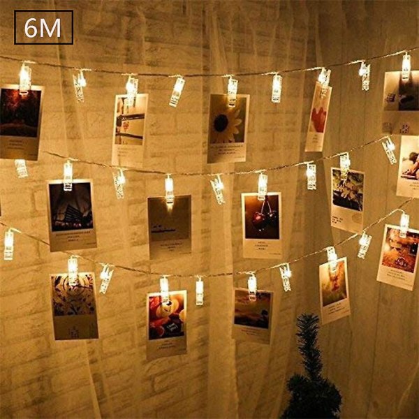 Led-valokuvaklipsit Fairy Lights, uudelleen käytettävät 6 metriä/valoketjut - 8 tilaa 40 valokuvaklipsiä, USB/paristokäyttöinen