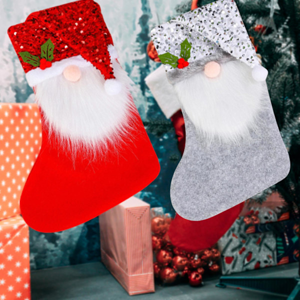 Julstrumpa med paljetter, tomteluva, mustasch/fläta, hängande julgransdekoration, presentpåse (E)