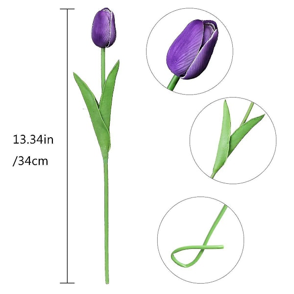 20 stk Kunstige Tulipanblomster, Fake Real Touch Tulipaner, Blomsterbukett til Bryllupsdekorasjoner, Hjemmedekorasjon (Lilla)