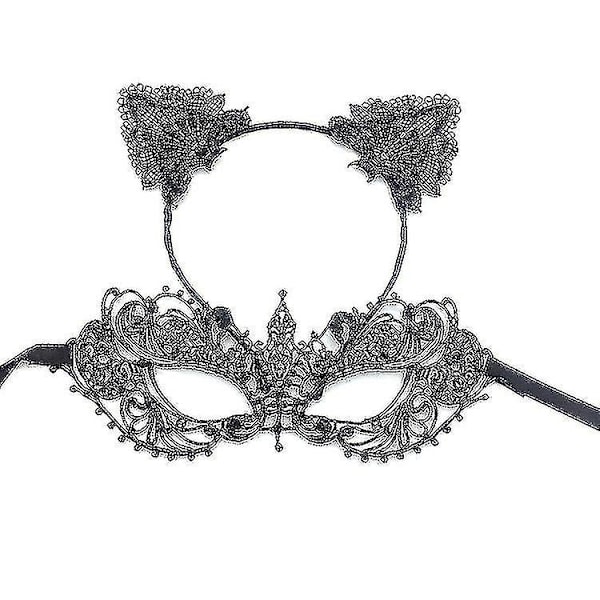 Kattemaske og Katteøre Pandebånd Damer Maskerade Halloween Maske Kostume Catwoman Tilbehør