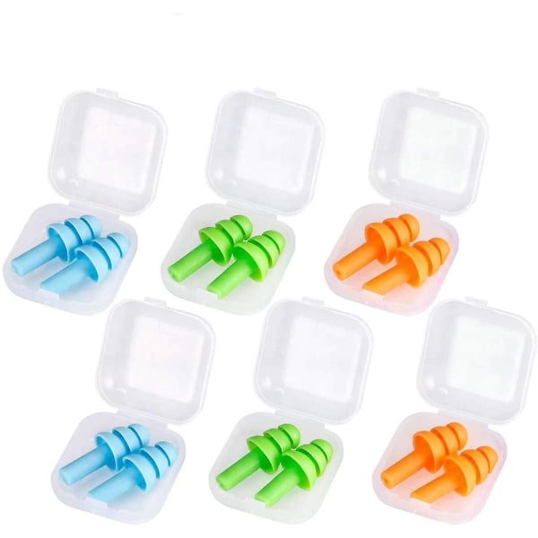 6 par gjenbrukbare silikon ørepropper, vanntette støyreduksjon ørepropper, 3 farger med oppbevaringspose