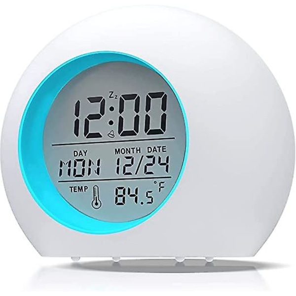 Barnklocka, LED digital väckarklocka för barn, nattlampa för baby student 7 färger rund kalender och termometer, snooze-funktion