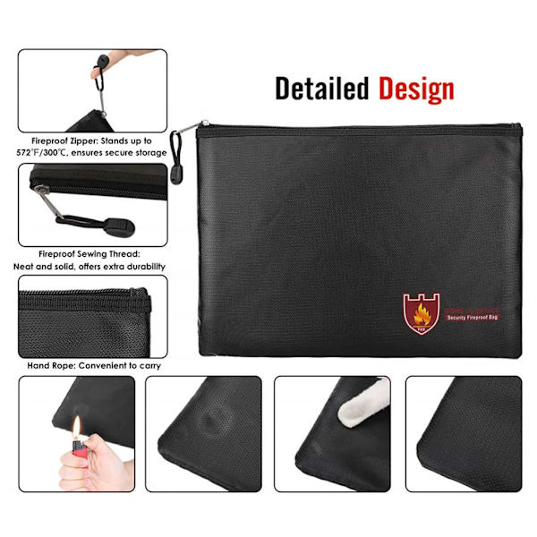 Brandsikkert dokumentpose Brandsikkert pengeskab Opbevaringspengekasse Vandtæt, Sort, 27 * 16cm