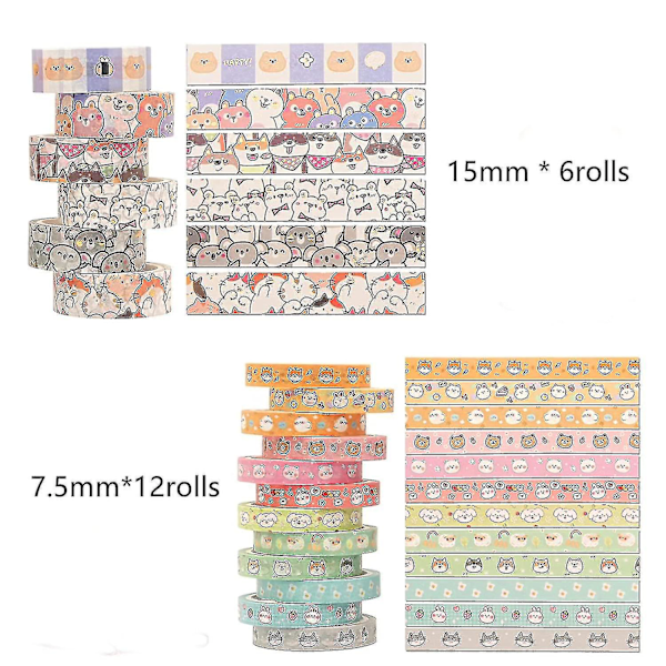Kawaii Söta Cartoon Washi Tejp Set - 18 Rullar Tunn Djur Guld