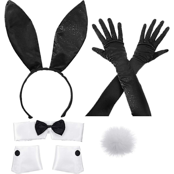 Bunny-asusetti, jossa on bunny-korvakoriste, kaulus-solmio, rannekkeet, pitkät mustat hanskat ja bunny-häntä - täydellinen jouluun, pääsiäiseen ja cosplayhin