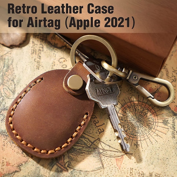 Läder AirTag Case Nyckelring, Portabel Handgjord Air Tag Hållare i äkta läder med nyckelring Case Kompatibel med Airtags 2021