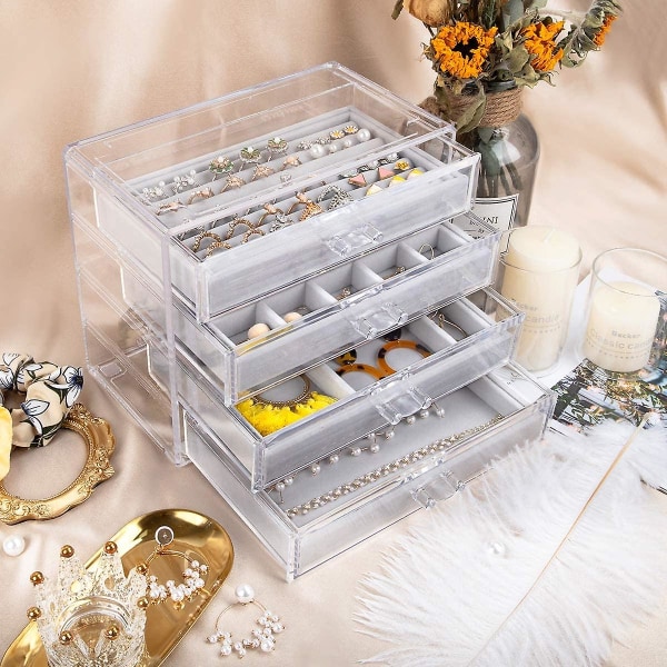 Genomskinlig förvaring av smycken - Smyckeskrin i akryl med 4 lådor och organizer i sammet