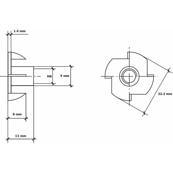 T-mutter Klemmemutter Sekskantmutter Klemkobling M8 x 10 mm 50 stykker