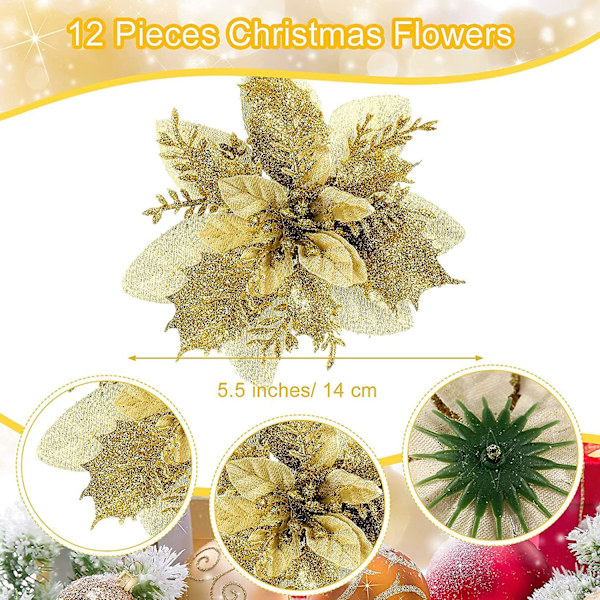 24-delad julgransdekorationssats med glitter, konstgjorda blommor, glitter-julstjärnor, rosetter med stjälkar och blad för jul- och bröllopsfest