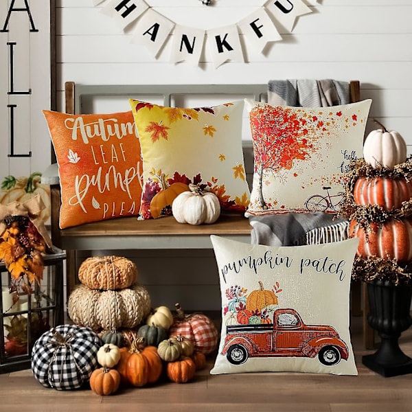 Sæt af 4 Efterårs Pudebetræk 18x18 Tommer Ahornblad Lastbil Pudebetræk 45x45cm Efterårs Landhus Dekorationer Sofa Thanksgiving Høst Pude
