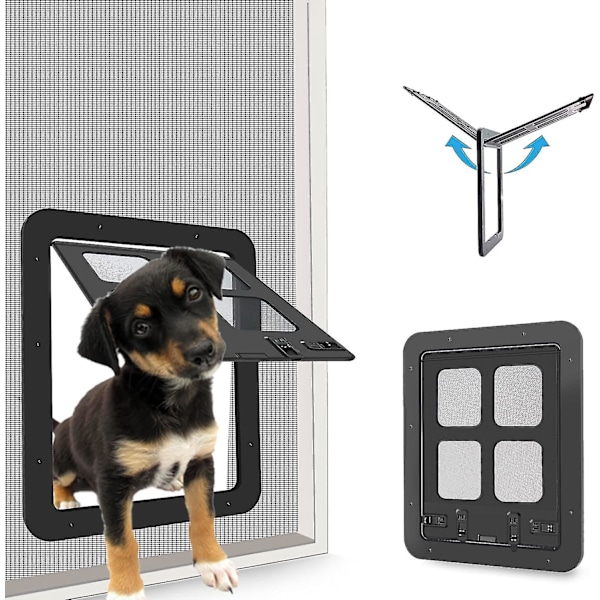 Husdyrsdør til Katte & Hunde, 4-Vejs Låsende Skydedør til Store Husdyr, Omkreds < 23,6\" (Sort).