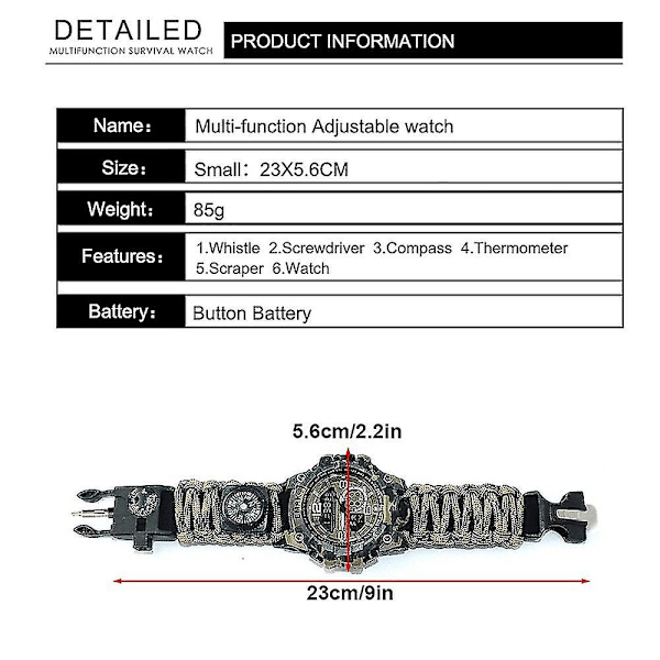 7 i 1 Udendørs Overlevelsesur Taktisk Paracord Armbåndsur Med Kompas Skraber Termometer Paracord Fløjte Campingværktøj