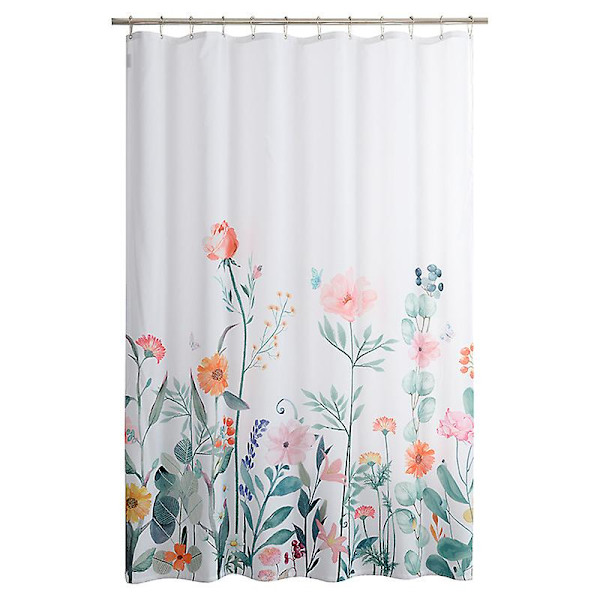 Vattentät duschdraperi med blommor, mögel- och mögelbeständig polyesterduschdraperi, dekorativt tygdraperi med krokar (180 x 180 cm)
