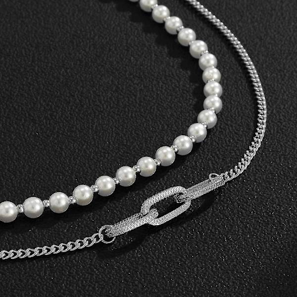 Hip Hop Retro Imitations Pärl Halsband för Män, Vit K Set 2564 (Silver)