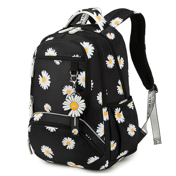 Blomsterskoletaske til piger Blomsterteenagerskoletaske til kvinder Skoletaske til bærbar computer til kvinder (Daisy Black)