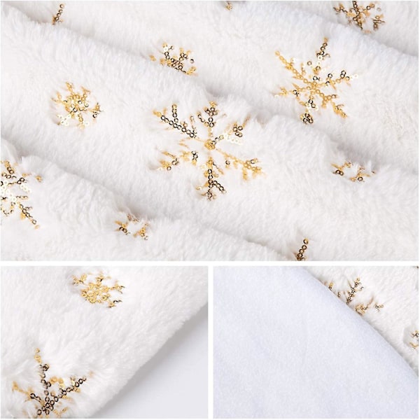 Vit julgransmatta med snöflingedesign - Gyllen broderad paljetttryck, 90 cm plysch konstgjord päls julgransmatta, julgransbottenöverdrag, Ho